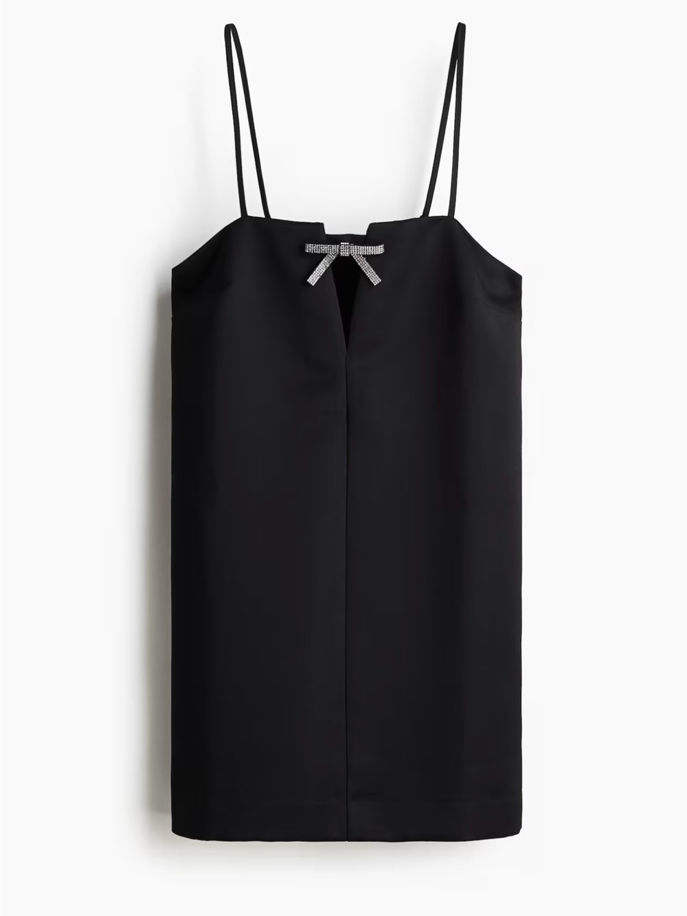 Black Satin Spaghetti-Strap Mini Dress With Rhinestone Bow Accent
